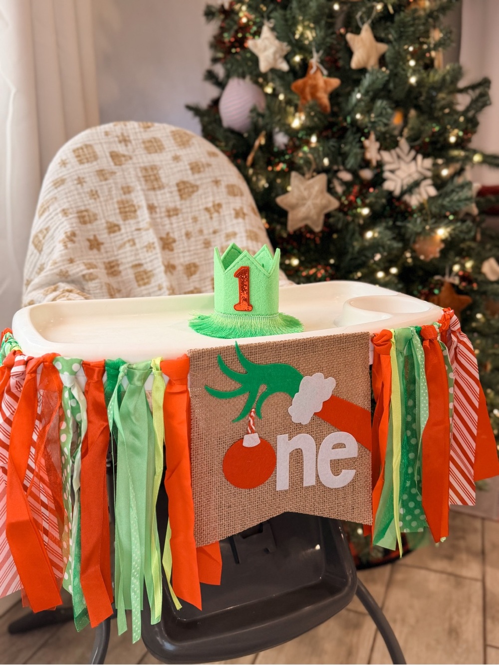 First Birthday Grinch Decor with Highchair tassels/sign, crown, and large banner